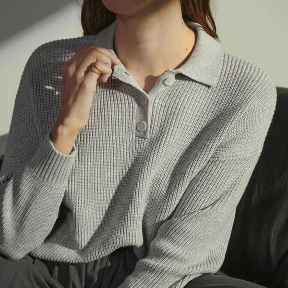 💕LUNYA💕 Cozy Cotton Silk Polo Pullover Sweater ~ Light Grey M NWT